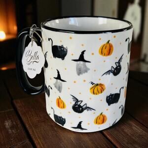 NEW Bella Spooky Black Cat Ghost & Bats Halloween Party 16oz Coffee Tea Mug